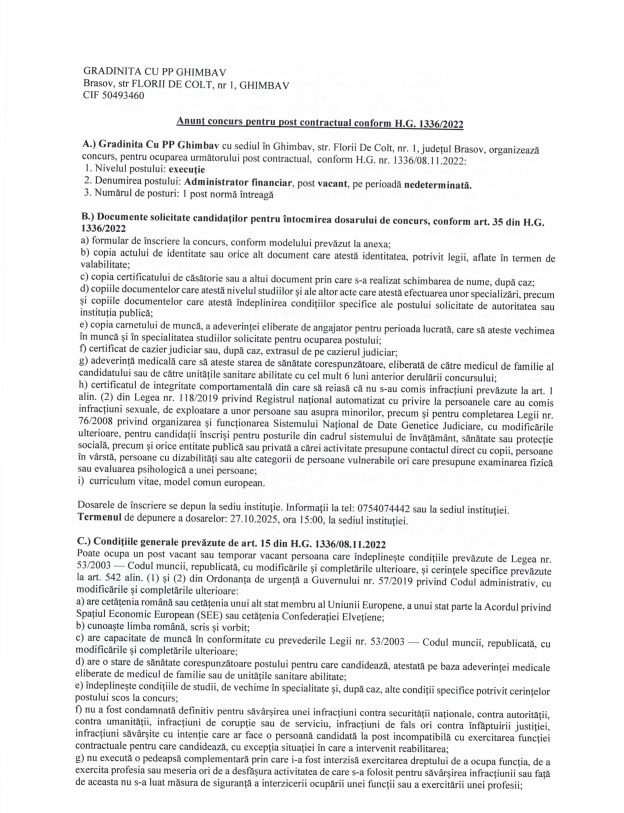 Anunț ocupare post - Octombrie 2025