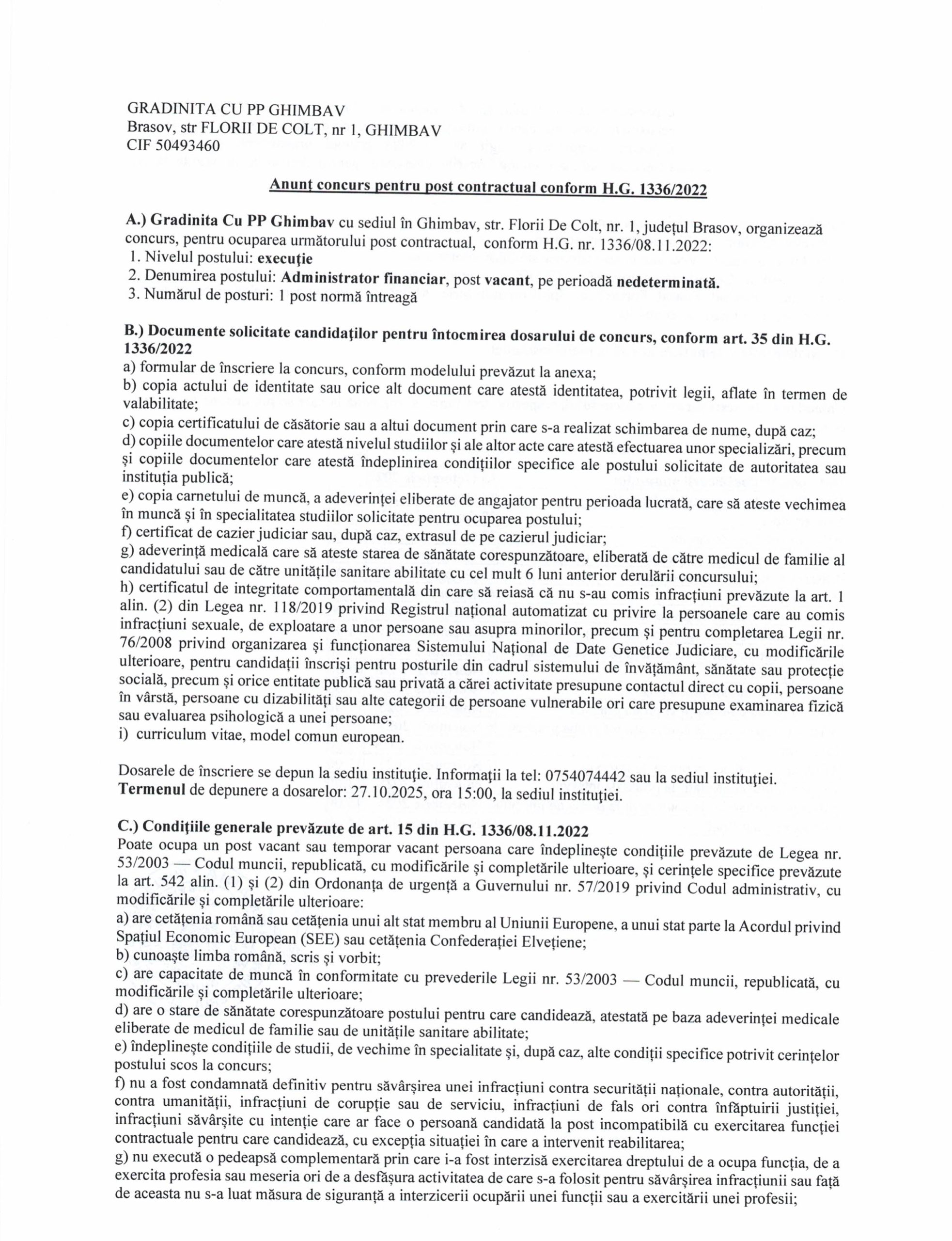 Anunț ocupare post - Octombrie 2025